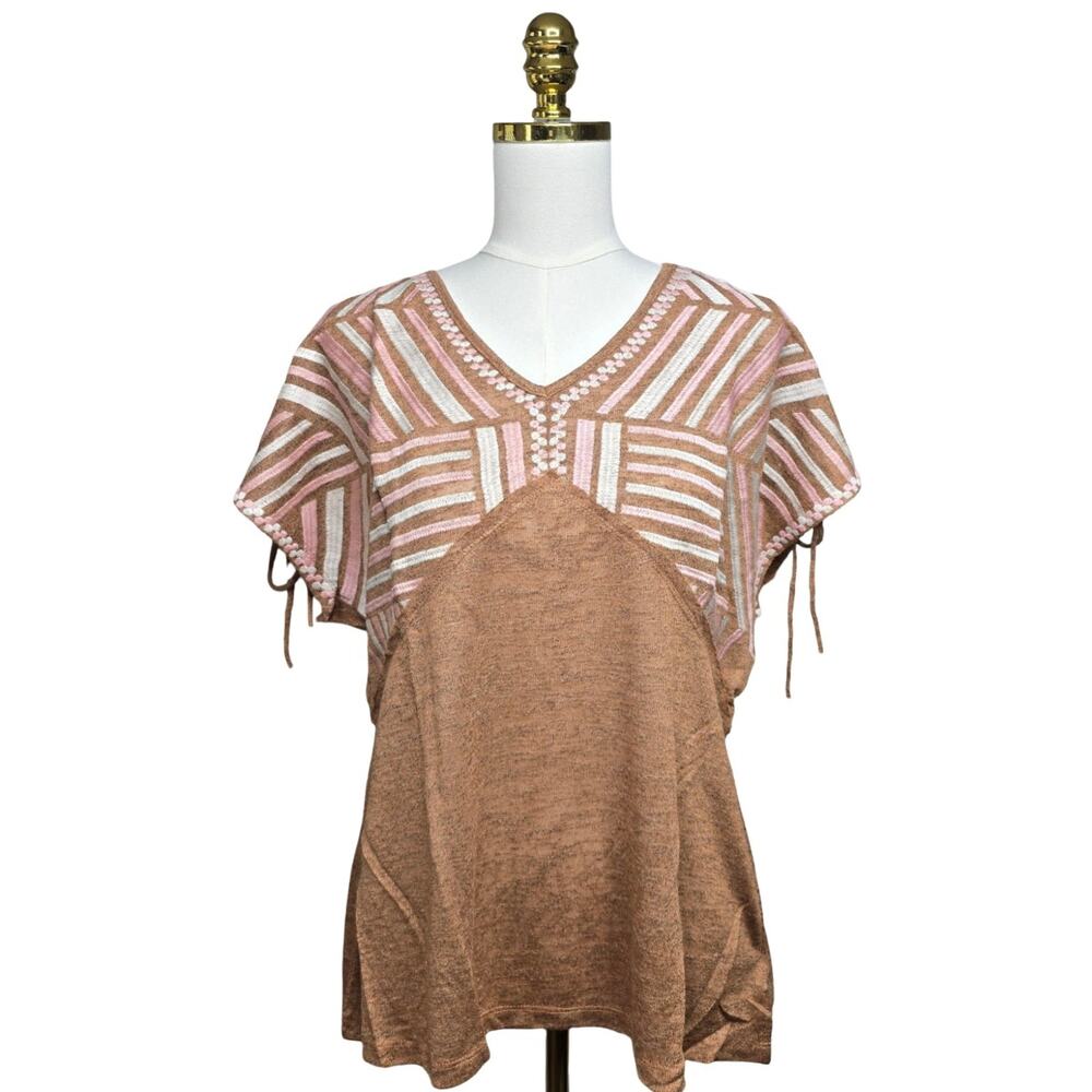 Savanna Jane Knit Top Womens M Embroidered Boho V-Neck Pink and Tan Festival NWT